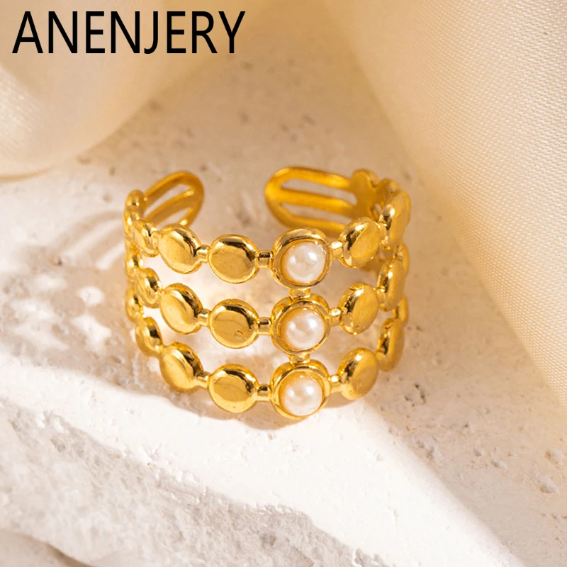 ANENJERY Stainless Steel White Drip Oil Multi Layer Lines Open Ring for Women Niche Vintage Jewelry Gifts Wholesale