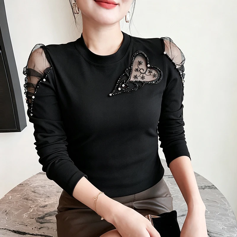 MadBlack-Women European T-Shirt, Sexy O Neck Beading, Hotsweet Long Sleeve Hollowed-out Slim M-3XL Tee, 2026 Autumn New T69338CC