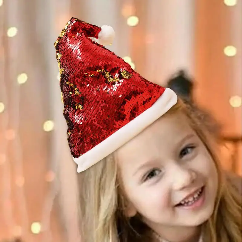 Sequin Christmas Hat Double Side Reversible Sequin Santa Hats Glitter Sparkle Sequin Hats Santa Costume Hat with Shiny Sequins