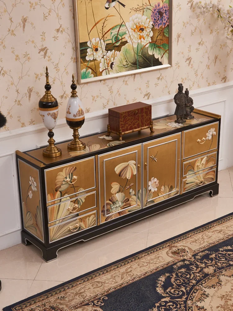 Furniture new model room living room gold foil painted lotus TV floor cabinet side cabinet