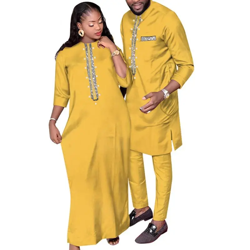 

African Clothes for Couple Fashion Women Robe Dresses and Dashiki Men Robe Suit Bazin Riche Nigerian Clothes for Lovers Agbada