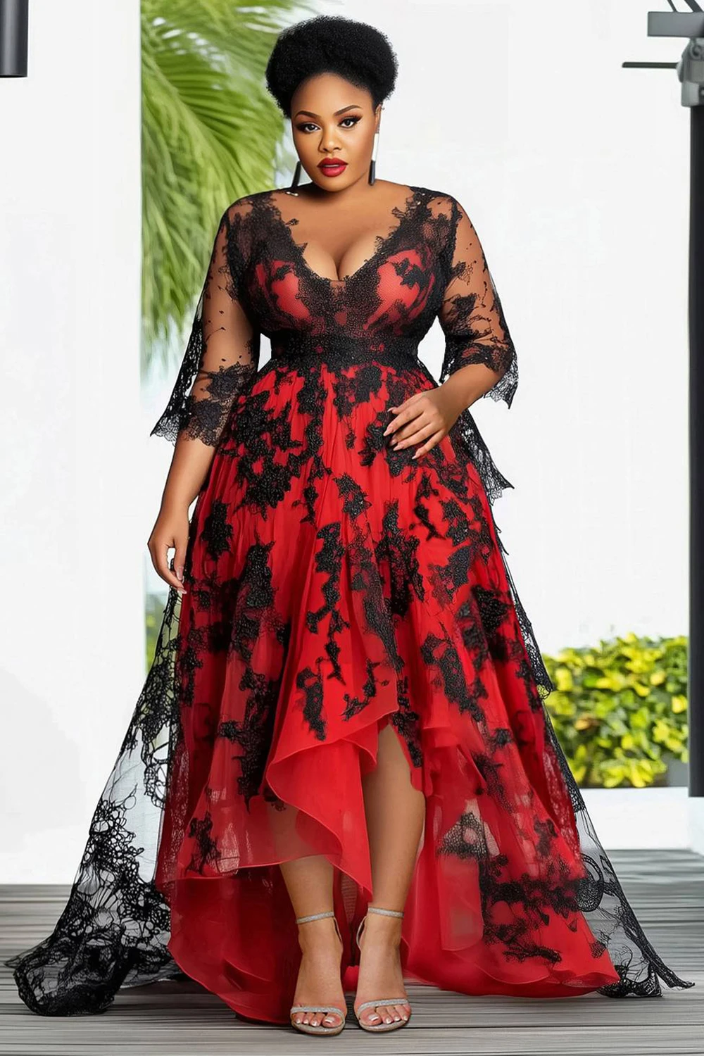 

Plus Size Cocktail Party Red V Neck Flare Half Sleeve See Through Asymmetric Hem Lace Maxi Dresses Women