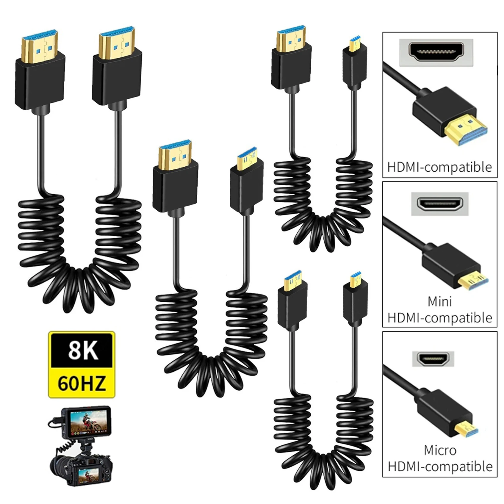 8K HDMI-compatible 48Gbps Coiled Cord Mini/Micro HDMI-compatible Cable for Raspberry Pi Tablet DSLR Camera Camcorder PC Monitor