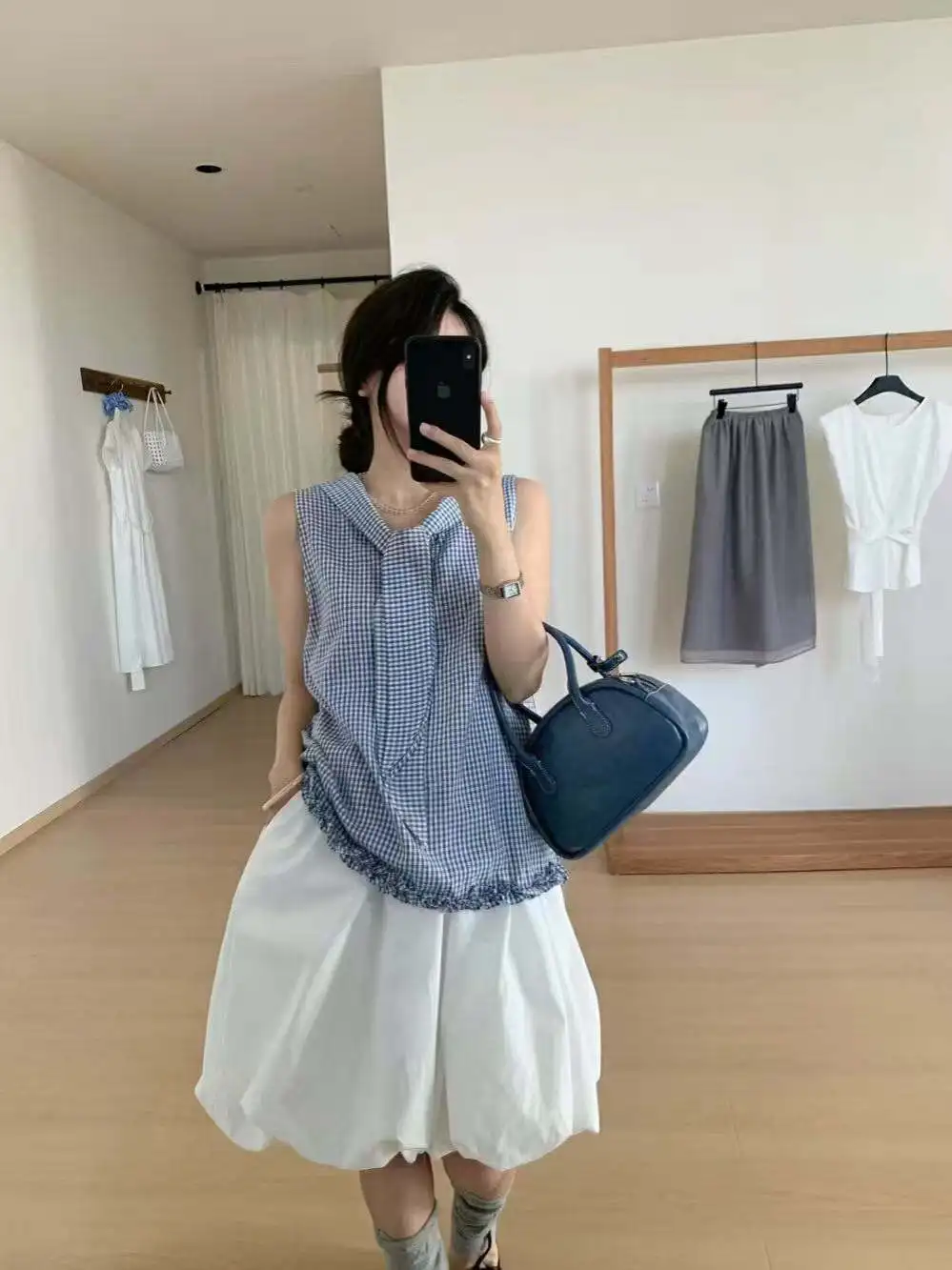 

Loose Women's Plaid Svel Top with Bow Tie Sweet Youthful Babydoll irt Trendy Cotton round Ne Summer Faion