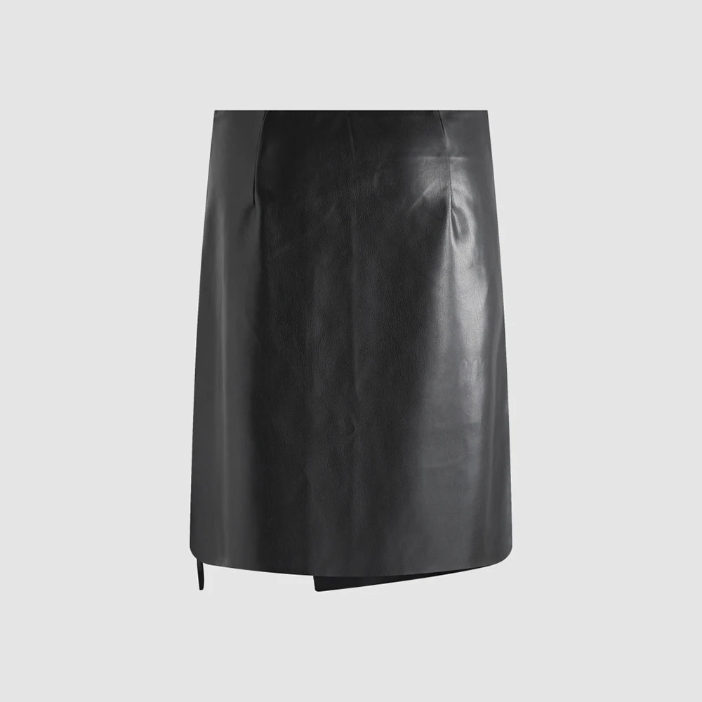 Women Faux Leather Wrap Midi Skirt Elegant Tie‑Up Waist A‑Line Skirt Ladies High Waist Split Skirt For Daily Office Party Wear