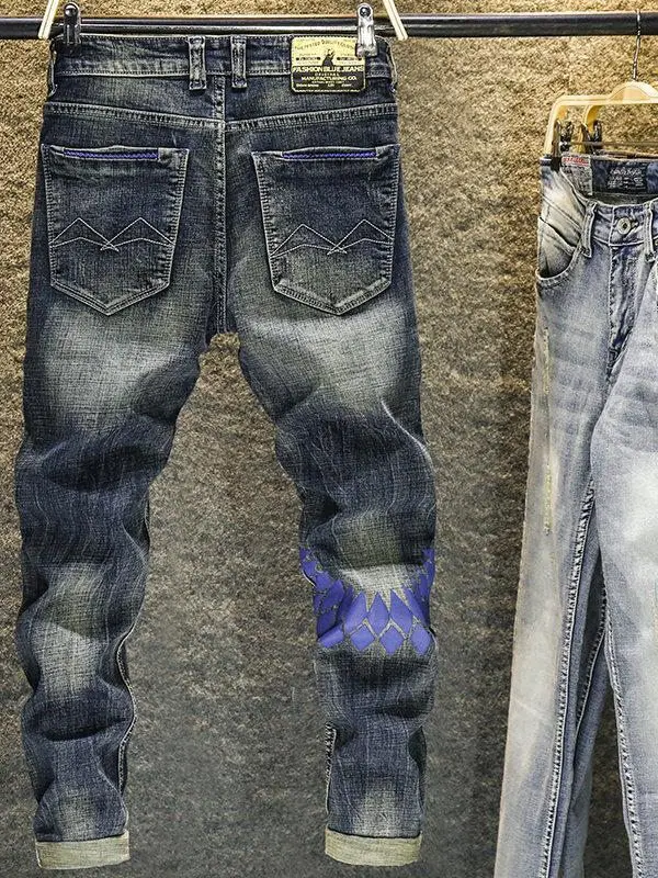 

Мужские джинсы с ретро-принтом, рваные, облегающие, эластичные, весна-лето, модные, брендовые, плотные, длинные брюки, молодежные, стильные