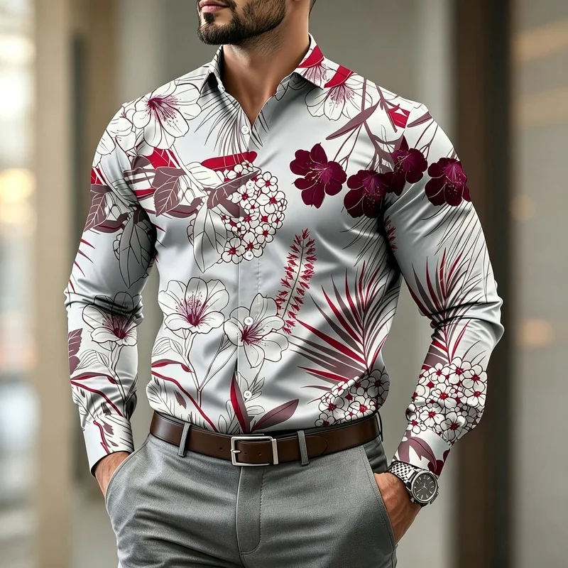 Retro tropical floral print men's long-sleeved shirt, lapel satin texture casual shirt, versatile vacation top.