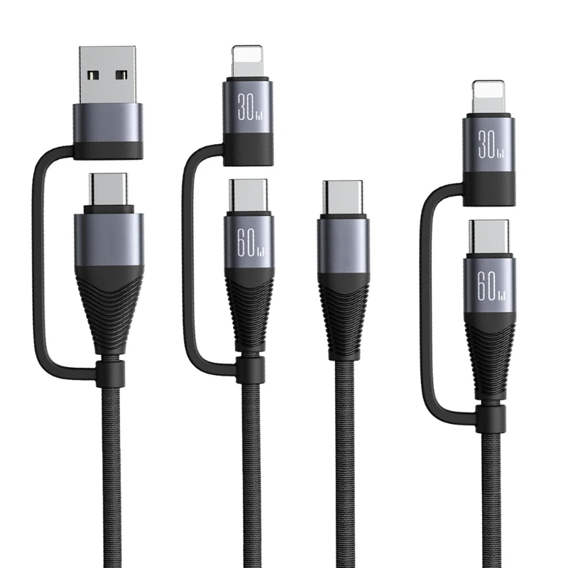 4 in 1 USB Cable Type C 60W Fast Charging Wire Type C USB 8Pin Multiple Data Cord