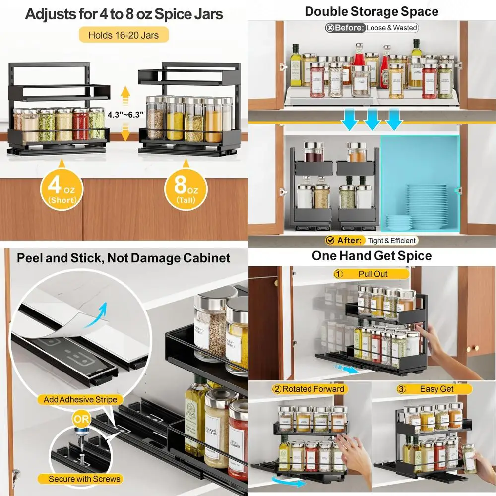 

Dual Pull-Out Spice Racks for Cabinets - Adjustable Height, Easy Rotation, Fits 4-8 oz Jars, Peel & Stick, 10.2 Diameter for Com