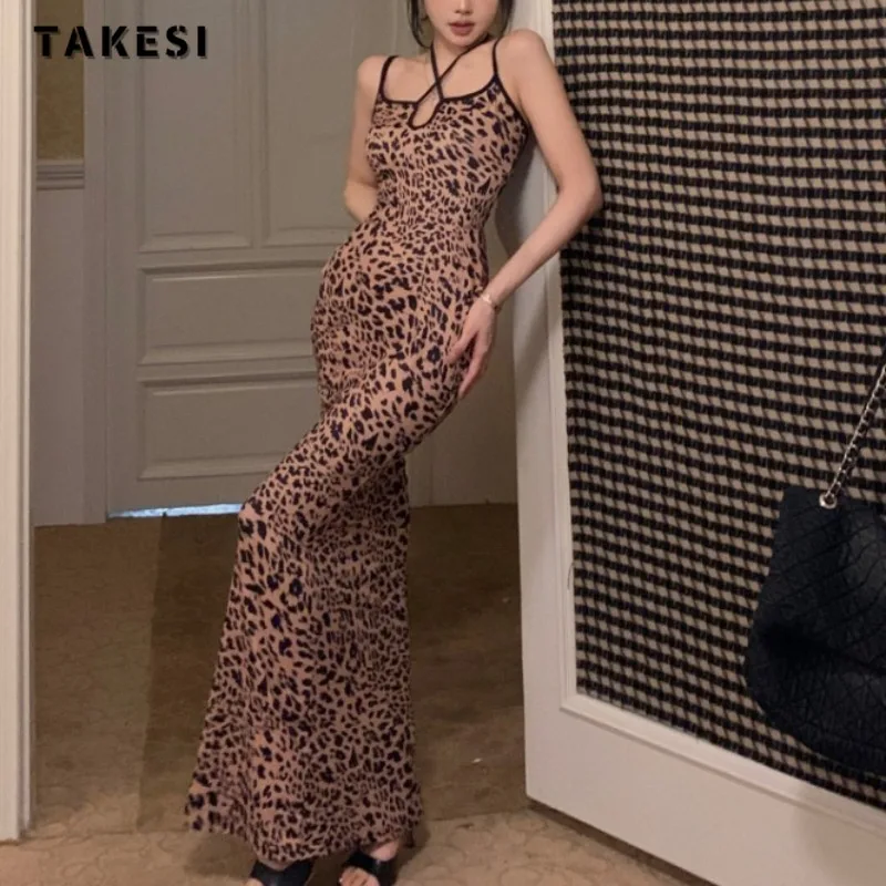 

Женские сексуальные платья с открытой спиной, облегающие платья на бретелях, лето 2024, Горячее Милое Клубное платье с высокой талией и леопардовым принтом