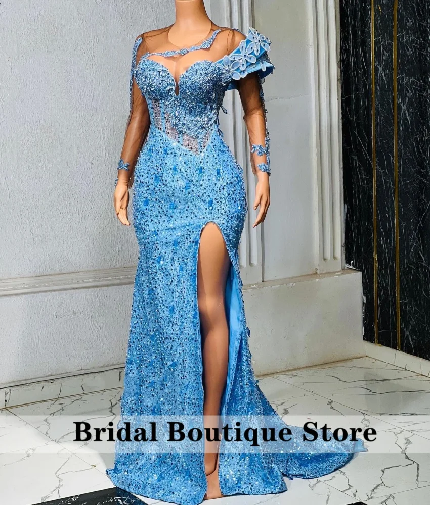 Shining Blue Evening Dress Beading Crystals Birthday Party Gown Long Sleeves Prom Dresses Vestido De Noiva Customized