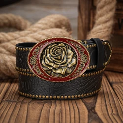 Men & Women-Western-Cowboy-PU Leather-Belts - Vintage horse Belt Floral Engraved Buckle Belt for Jeans
