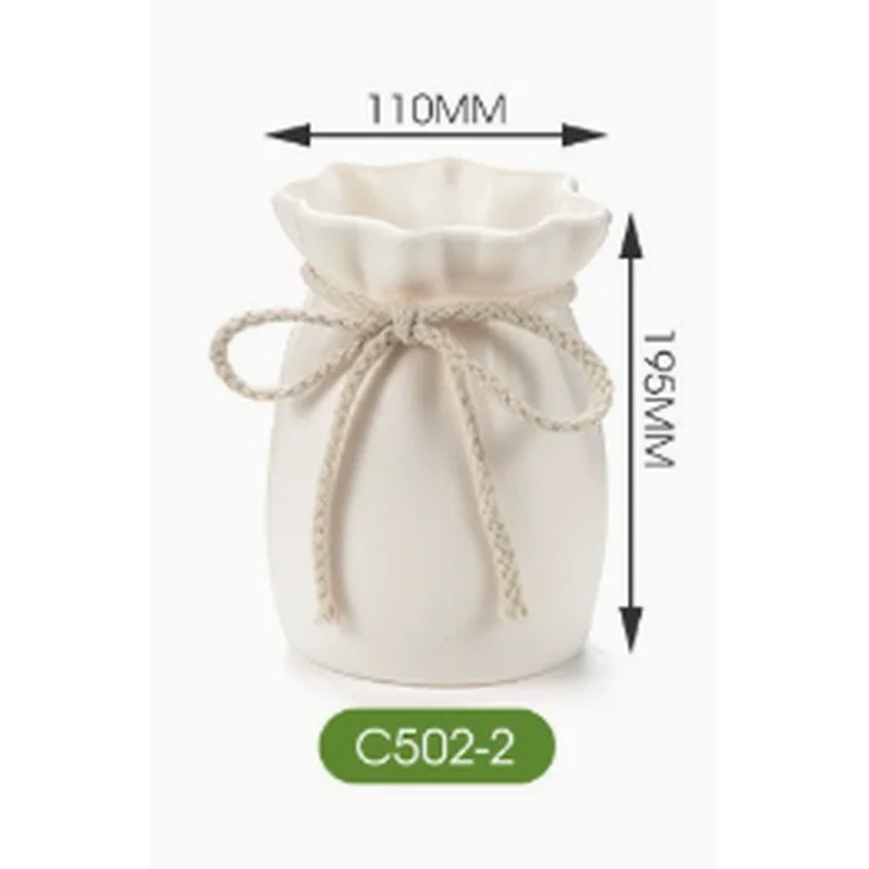 2Pcs Milk White Pleated Drawstring Ceramic Vase Set With Jute Rope Bow Large Small Size Nordic Ins Minimalist