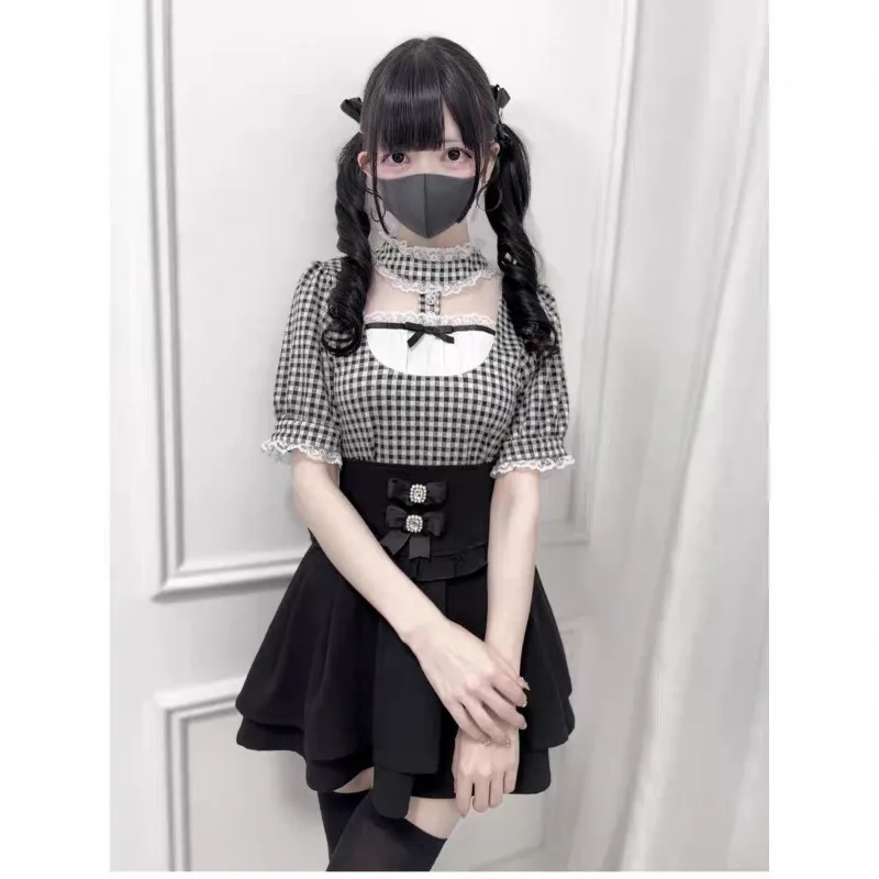 

Lolita Lace Stand Collar Bow Patchwork Plaid Crop Top Women Japanese Sweet Slim Short Sleeve Shirts Vintage Y2k Blouse