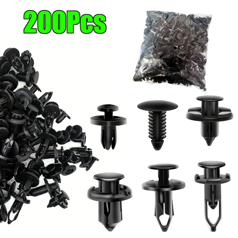 200PCS Plastic Car Fixing Clip Universal Six Types Of Mixed For Nissan Ford Honda Toyota Bumper Push Black Rivet Clip Auto Parts