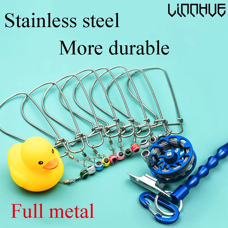 LINNHUE 8 Snaps Fishing Lock Buckle With Fly Reel Yellow Duck Stainless Steel Chain Stringer With Float Live Fish Lure Lock Belt