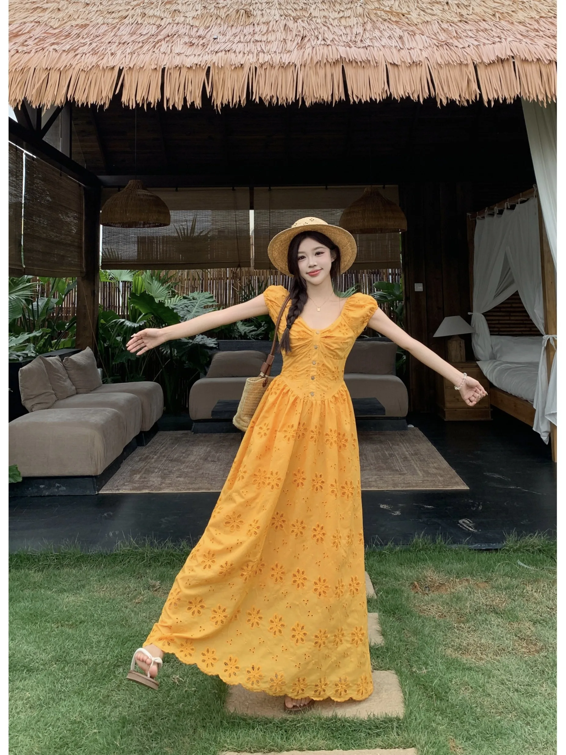 تنورة فرنسية مطرزة بفتحات منقوشة بالزهور باللون الأصفر على شكل حرف a للنساء فساتين طويلة ضيقة لقضاء عطلة الشاطئ هاراجوكو موري جيرل