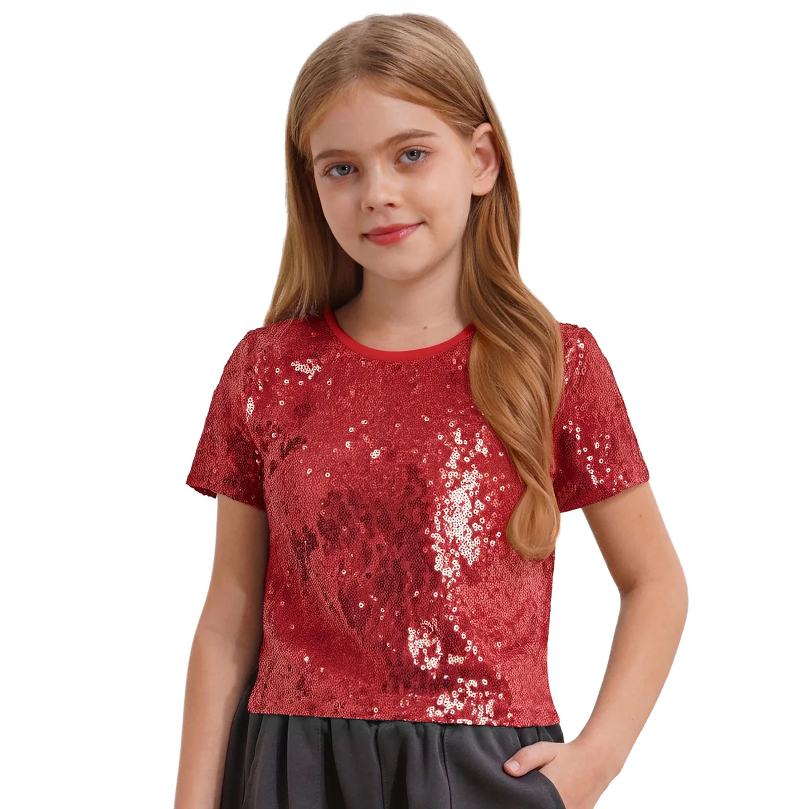 

Kids Girls Shirt Summer Jazz Dance Tops Round Neck Short Sleeve Sparkling Sequin Crop Top for Hip-Hop Street Stage Performance
