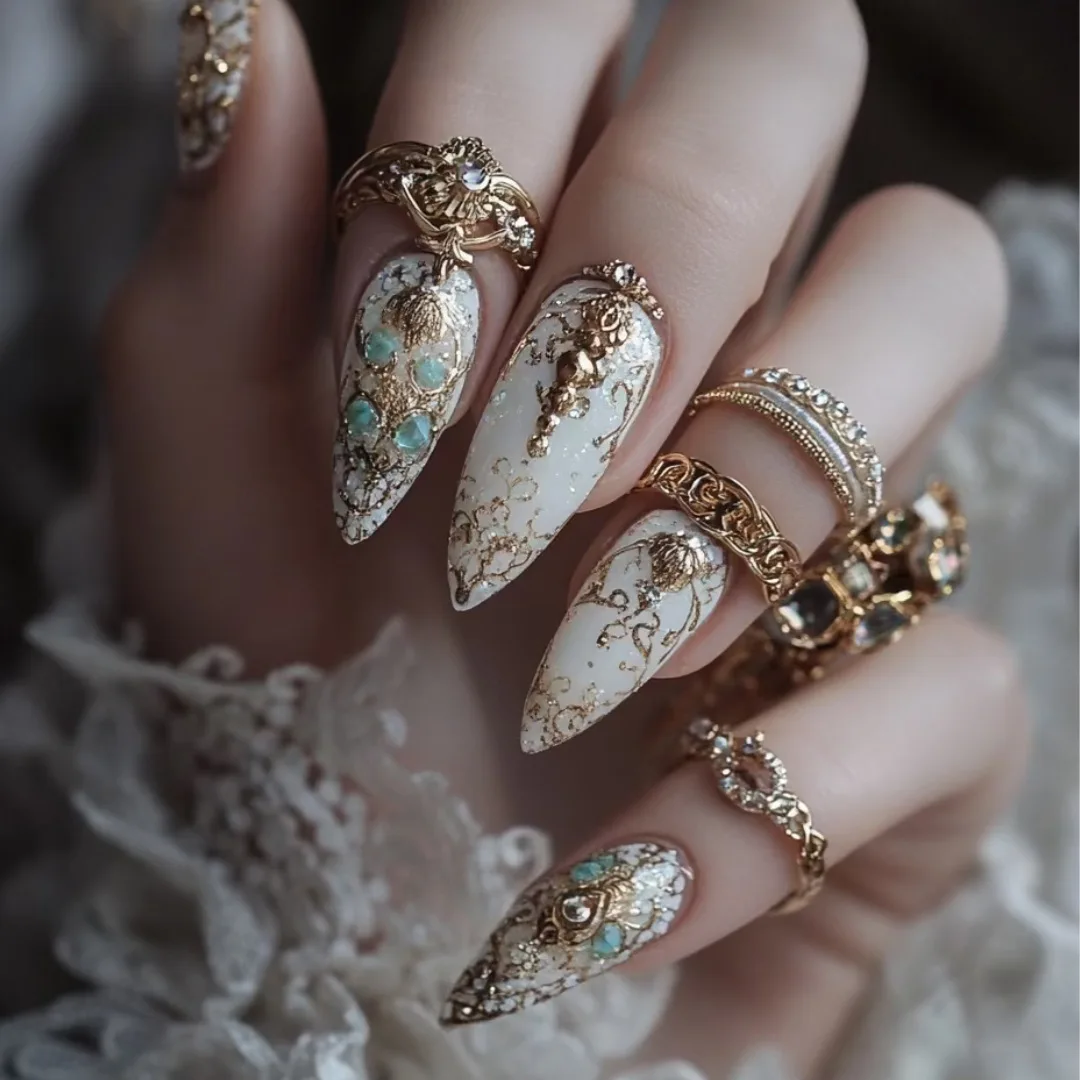 24Pcs Mid-length Almond Fake Nails Luxury Retro Flower Design Press on Nails Art Detachable Finished Full Cover False Nails Tips 2