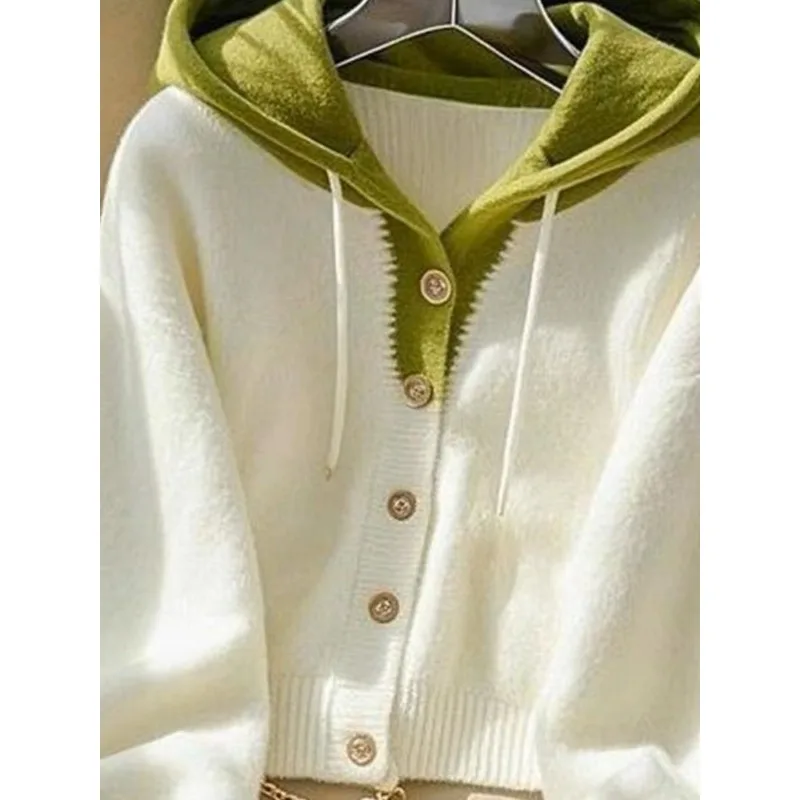 Contrast Color Knitted Cardigan Soft Waxy Hooded Sweater Autumn and Winter Women's New Korean Style Non-contrast Top