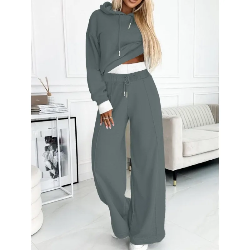 Women Sexy Long Sleeve Hooded Pullover Sweatshirt Top Drawstring High Waist Pocket Pants Suit Spring Autumn New Solid Loose Suit