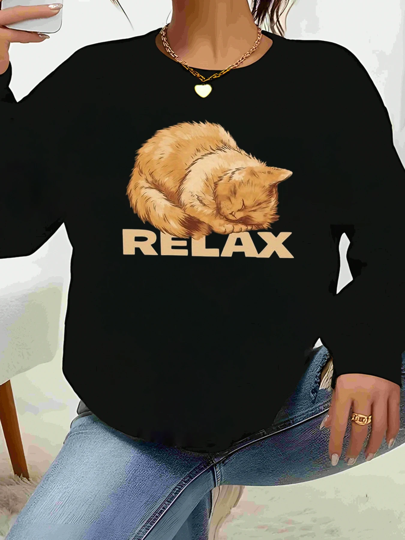 Relax Cat Print Moletom Outono Inverno Casual Wear para Mulheres