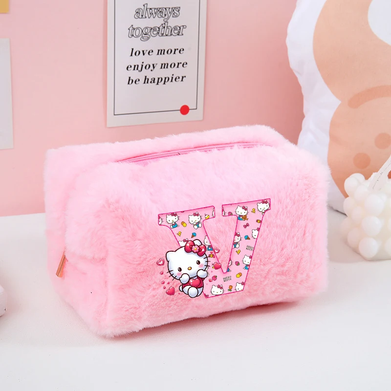Lindo Hello Kitty chica bolsa de maquillaje rosa Plushd Sanrio Anime letras A-Z estampado mujer Kawaii bolsa suave niños moneda en estuche de cosméticos nuevo