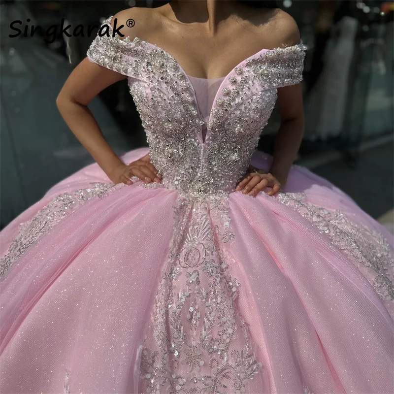 Vestido De Quinceañera De princesa rosa, traje con cuentas De cristales, apliques De perlas, personalizado, 15 años