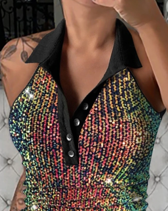 Women's Tops Fashion Solid Contrast Sequin Elegant Turn-down Collar Sleeveless Tank Button Design Daily Casual Slim Fit Top