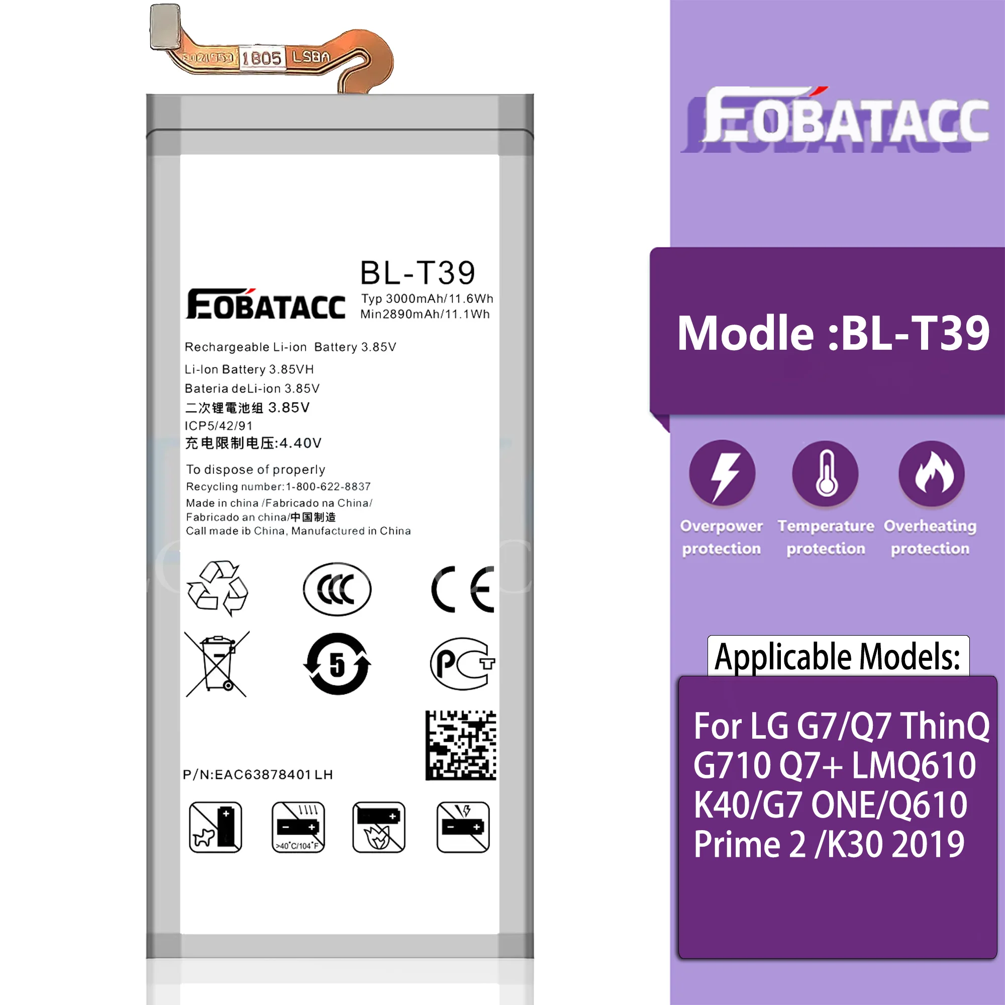 

EOTABACC 100% New Original Battery BL-T39 For LG G7/Q7 ThinQ /G710 /Q7+ /LMQ610 /K40/G7 ONE/Q610/Prime 2 /K30 2019 Phone Battery