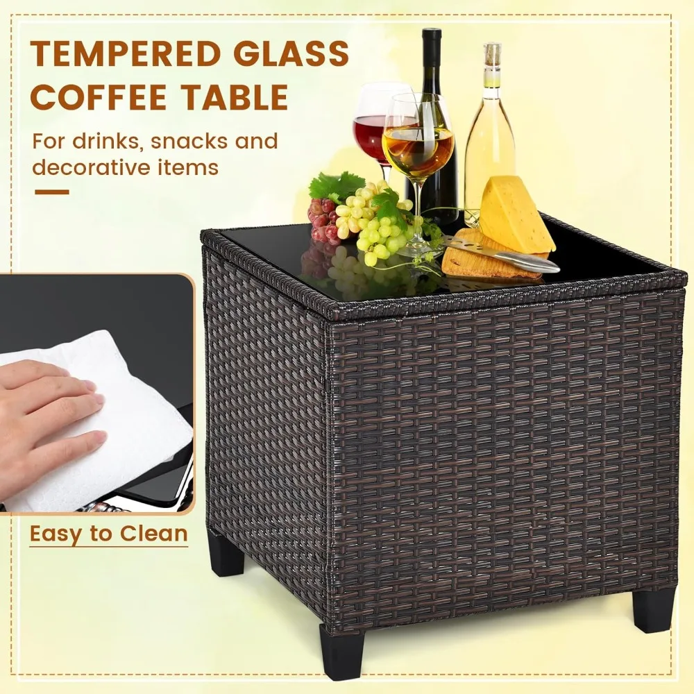 مجموعة أثاث تراس مكونة من 3 قطع، مجموعة محادثة الصفصاف الخارجية، كرسي الروطان مع وسادة، طاولة قهوة زجاجية، بار صغير