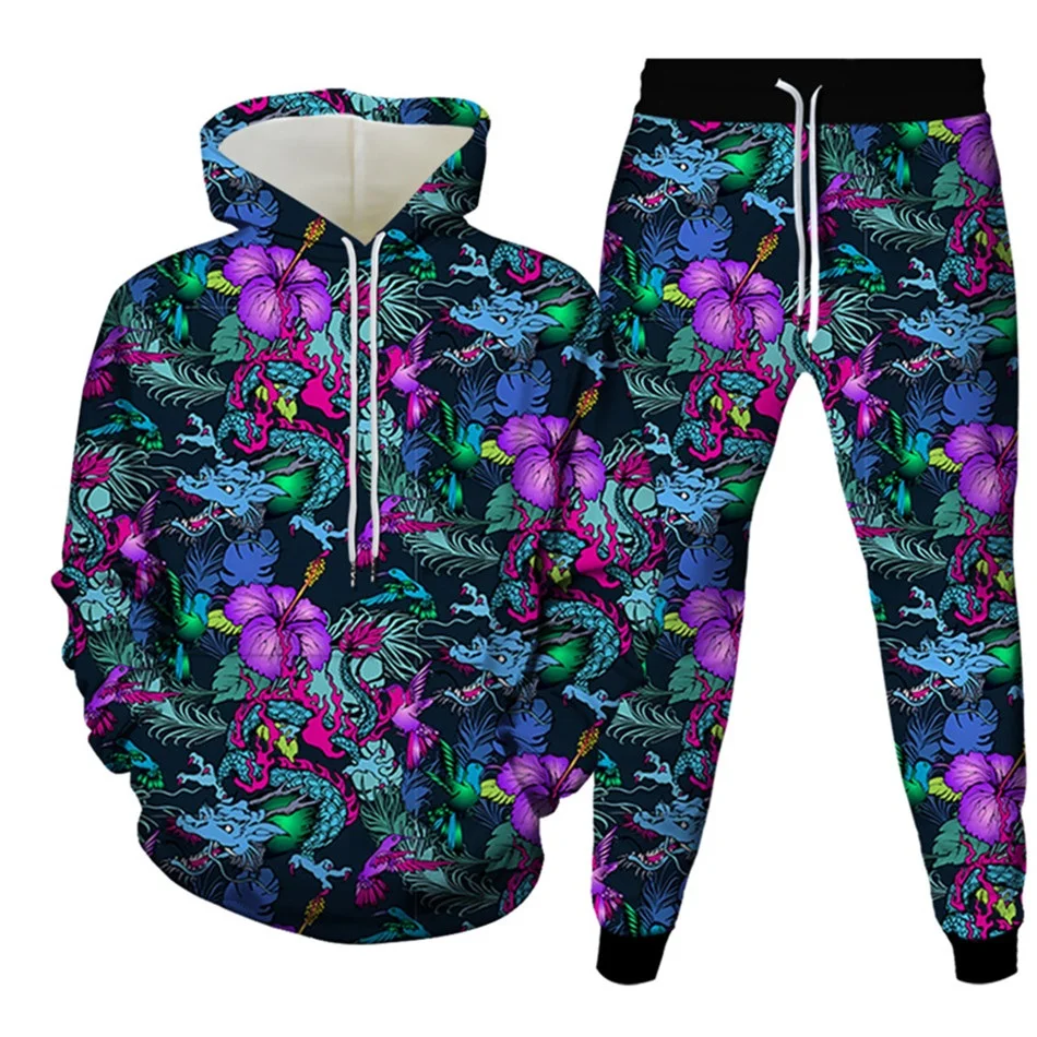 Men Clothes Tracksuit Hoodies Pants 2 Pieces Sets Autumn Winter New Animal Dragon Phoenix Cloud Florial Peacock Harajuku Style