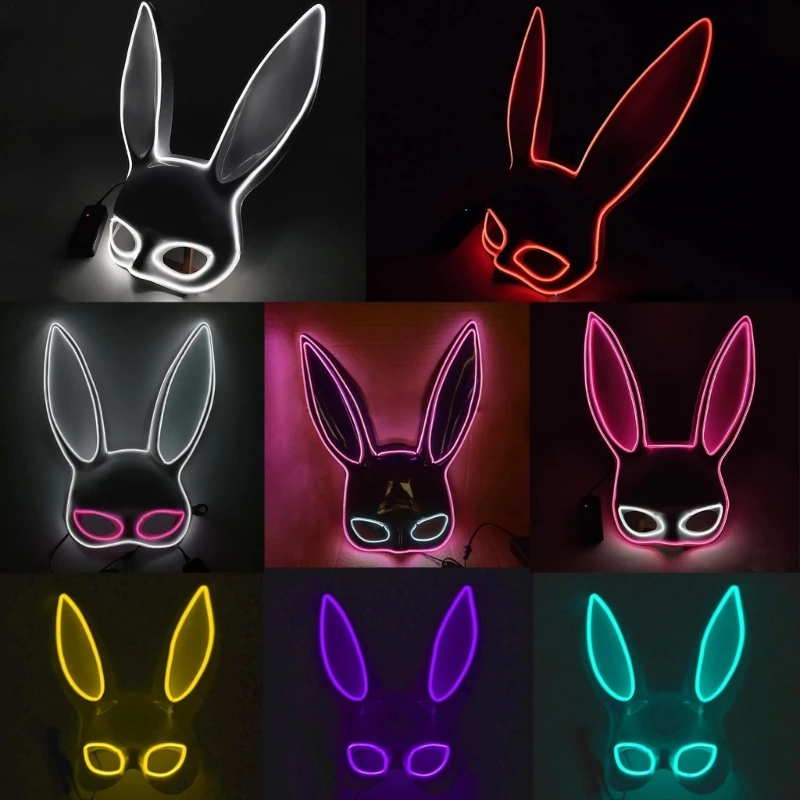 HXBA Glowing Long Ear Rabbit EL Wire Mask Cosplay Sexy Bunny Battery Powered Luminous LED Mask Party Decoration Mask Props