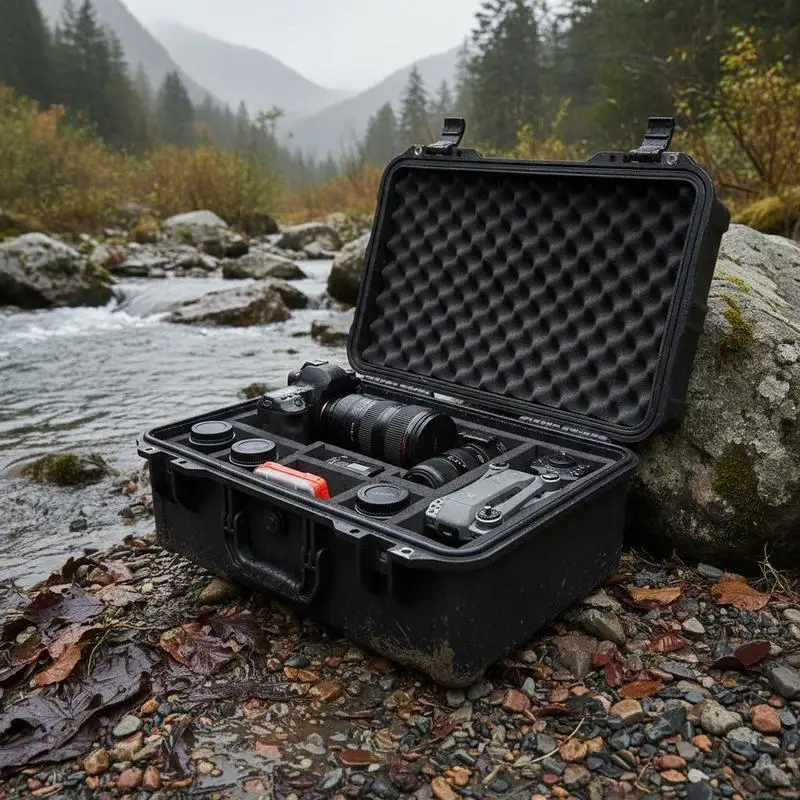 

Storage Trunk 2.4 Cu.ft For Equipment Transport Tool Protection Camera Storage, Handle Clips Padlock Holes Pre-cut Foam Insert Black Plastic Shell