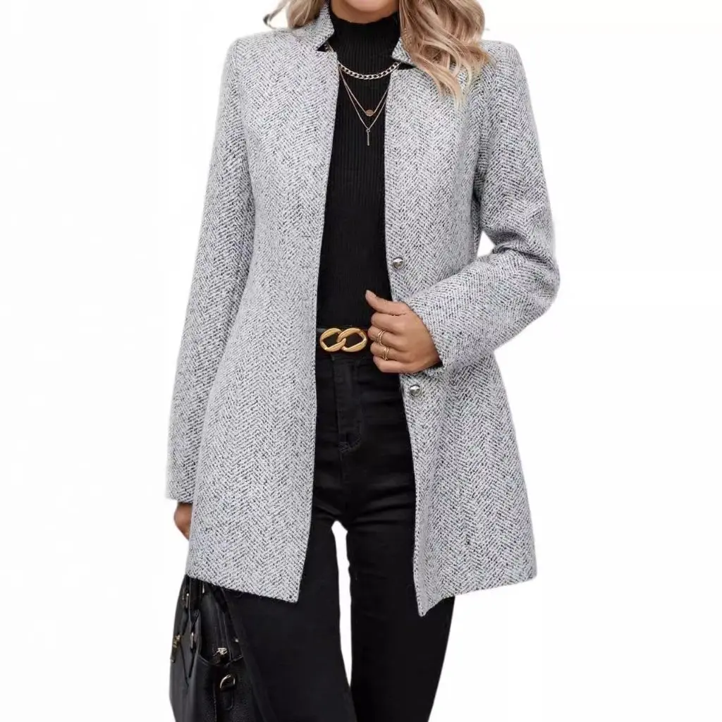 

Fashion Ladies Long Sleeve Solid Color Stand Collar Button Windbreaker Woolen Cloth Coat Casual Outerwear for Women 2024TEMU