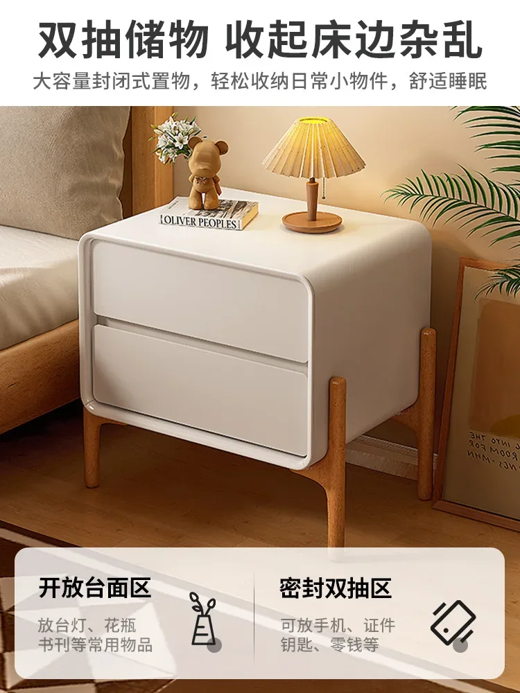 Aoliviya Bedside Table New Milk Tea Style Solid Wood Bedside Cabinet Modern Simple Small Leather Bedroom Storage Cabinet