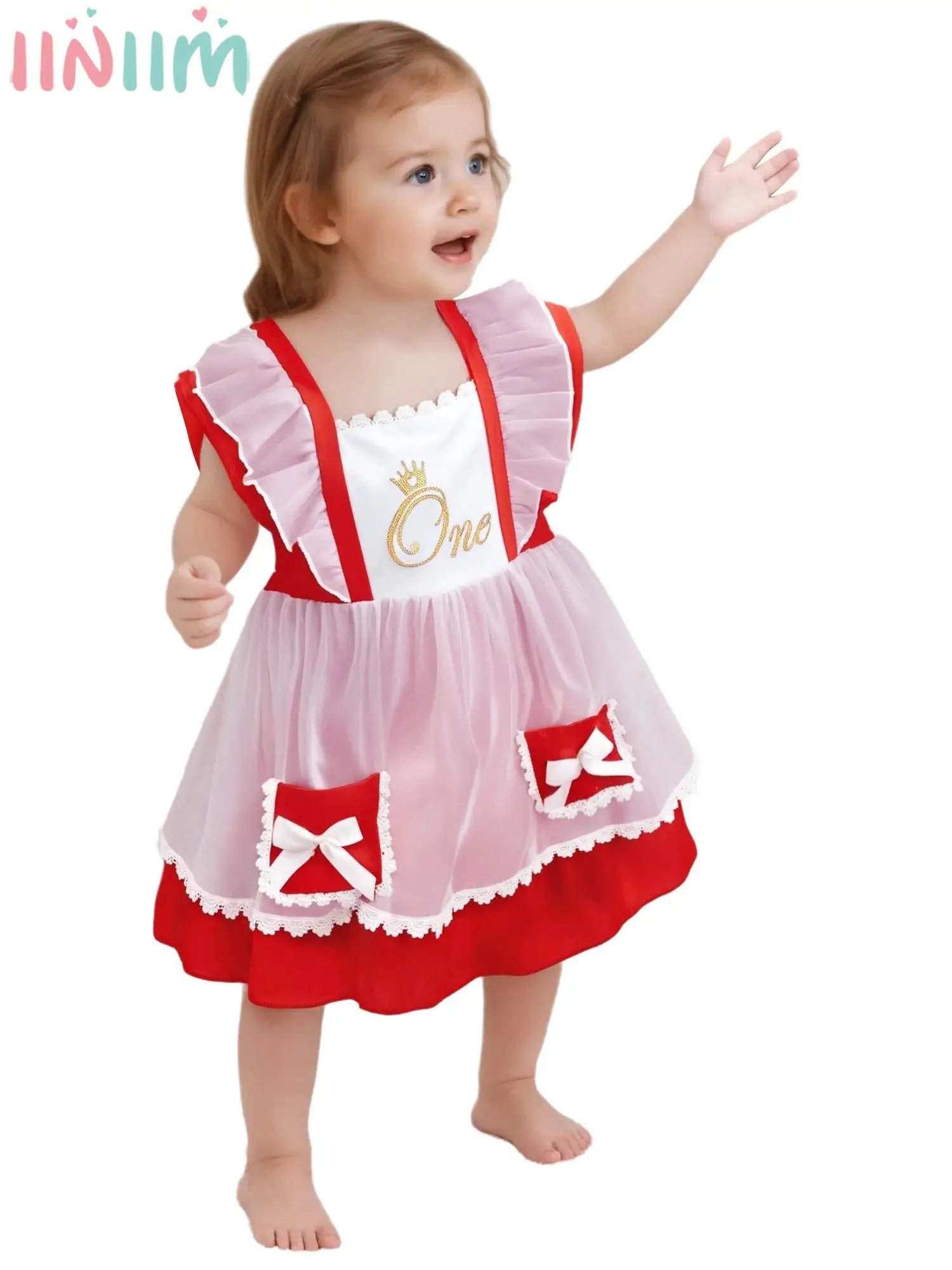 

Baby Girls 1st Birthday Party Dress Fly Sleeve Smocked Cute Bowknot Lace Letter Print Tutu Gown for Christening Wedding Banquet