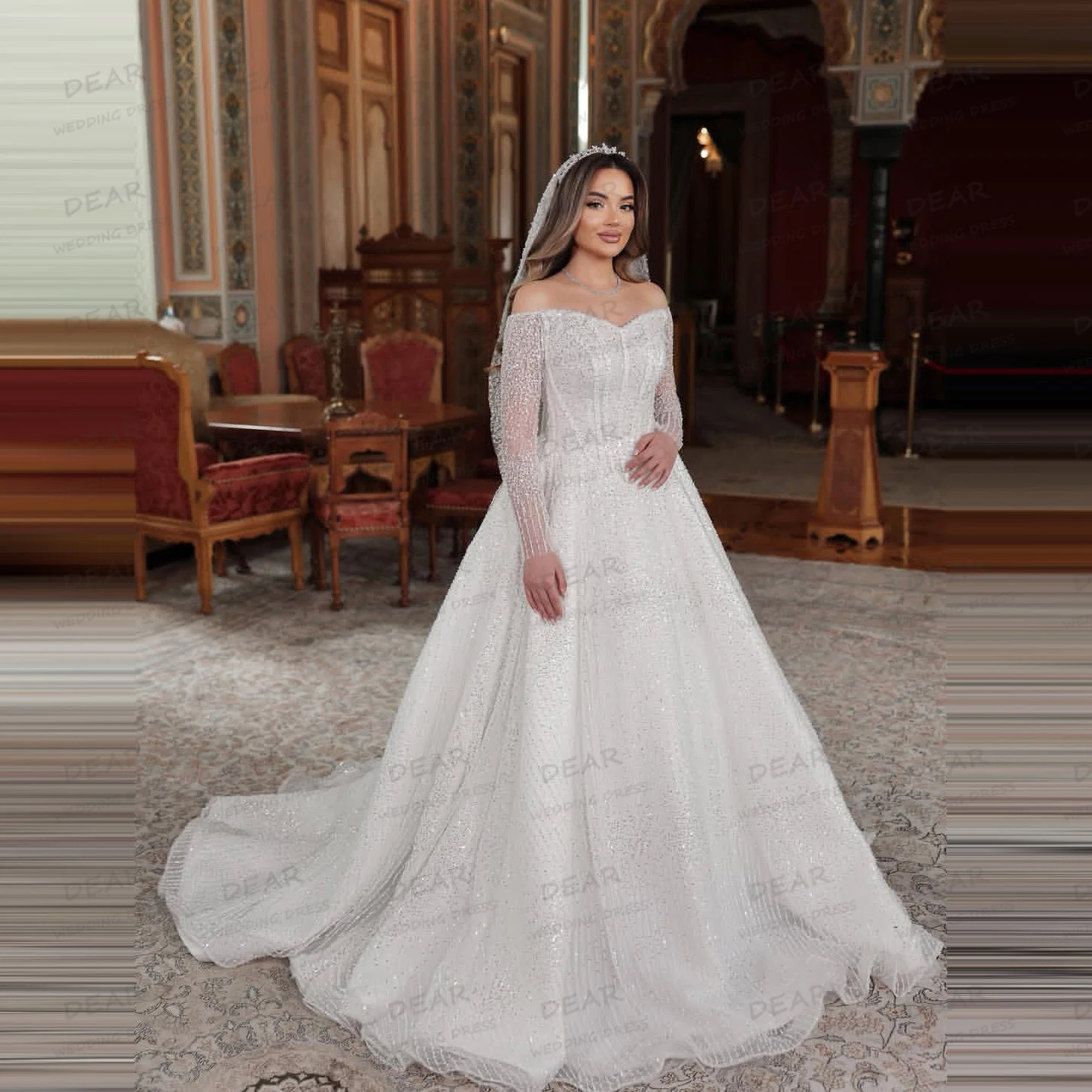 

Изысканные свадебные платья с блестками, женские трапециевидные платья со шлейфом и открытыми плечами, элегантные платья невесты 2025 года, Vestidos De Noche по индивидуальному заказу