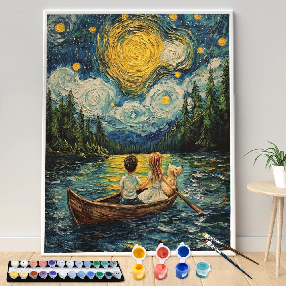 1pc frameless Hand Painting Child rowing a boat in a forest creek Painting By Numbers Kit DIY Artwork Canva Art Home Decoration
