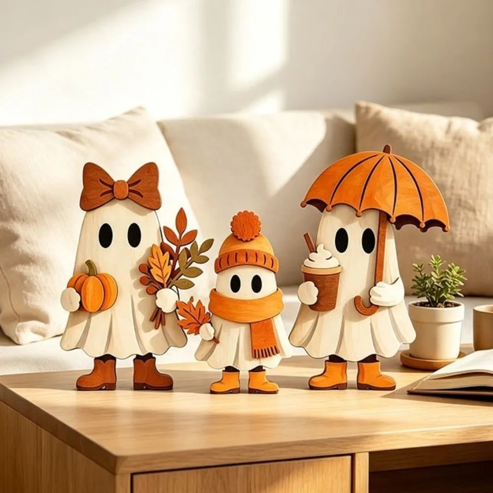 3Pcs 2D Flat Wooden Fall Ghost Signs Pumpkin Hand-Painted Halloween Ghost Figurines Rustic Maple Leaf Cute Ghost Ornament