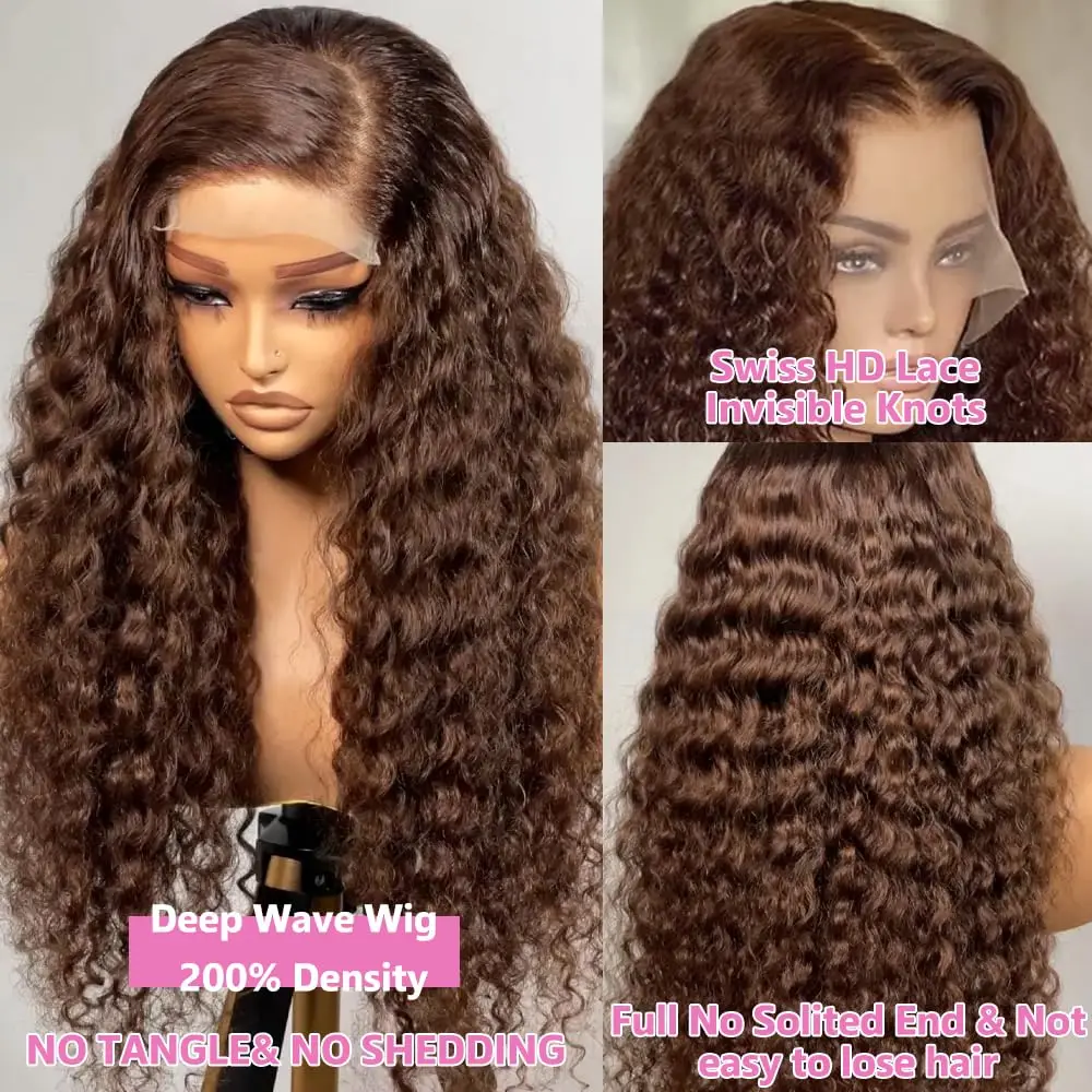 Perruques bouclées marron chocolat 13x6 HD perruque avant en dentelle cheveux humains 40 30 pouces vague profonde perruque de couleur brun rougeâtre # 4 Pré-épilés