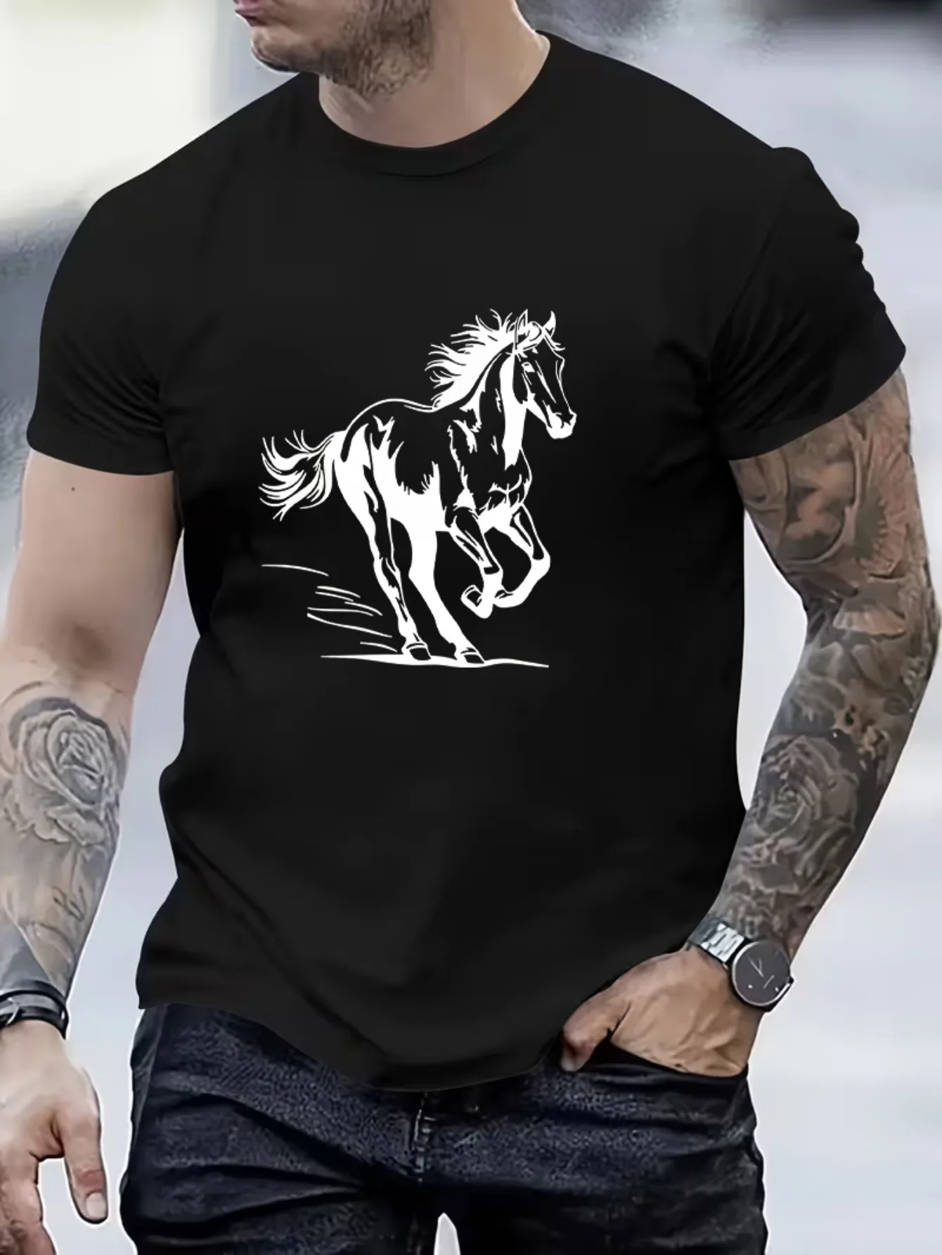 Men's modern casual white horse printed T-shirt short-sleeved round-neck summer outdoor top