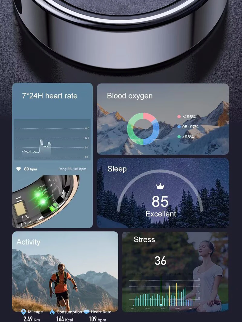 Anillo inteligente de carga inalámbrica pantalla inteligente 5ATM actividad impermeable anillos deportivos ritmo cardíaco sueño estrés gestión de la salud