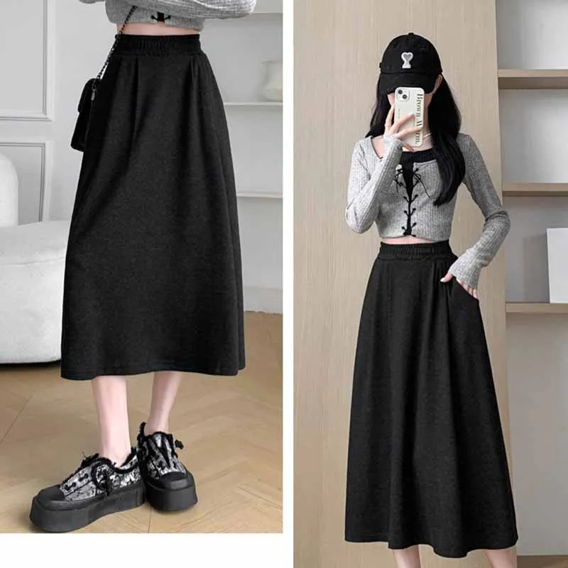 Cor sólida casual com bolsos a linha saias femininas coreano emagrecimento elástico de cintura alta saia longa mulher versátil midi saias