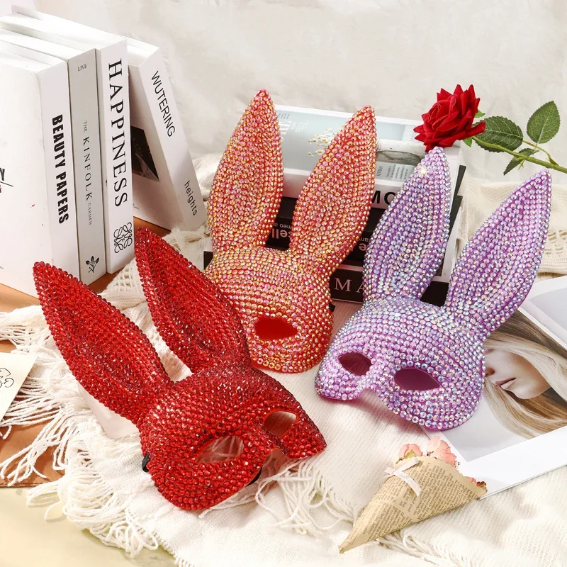 Masque de lapin scintillant entièrement orné de diamants pour femmes, idéal pour les fêtes, les spectacles théâtraux, les costumes d'animaux, les accessoires de photographie, Halloween