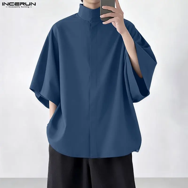 Incerun camisa masculina sólida gola de manga curta roupas masculinas soltas estilo coreano streetwear moda casual topos camisas masculinas