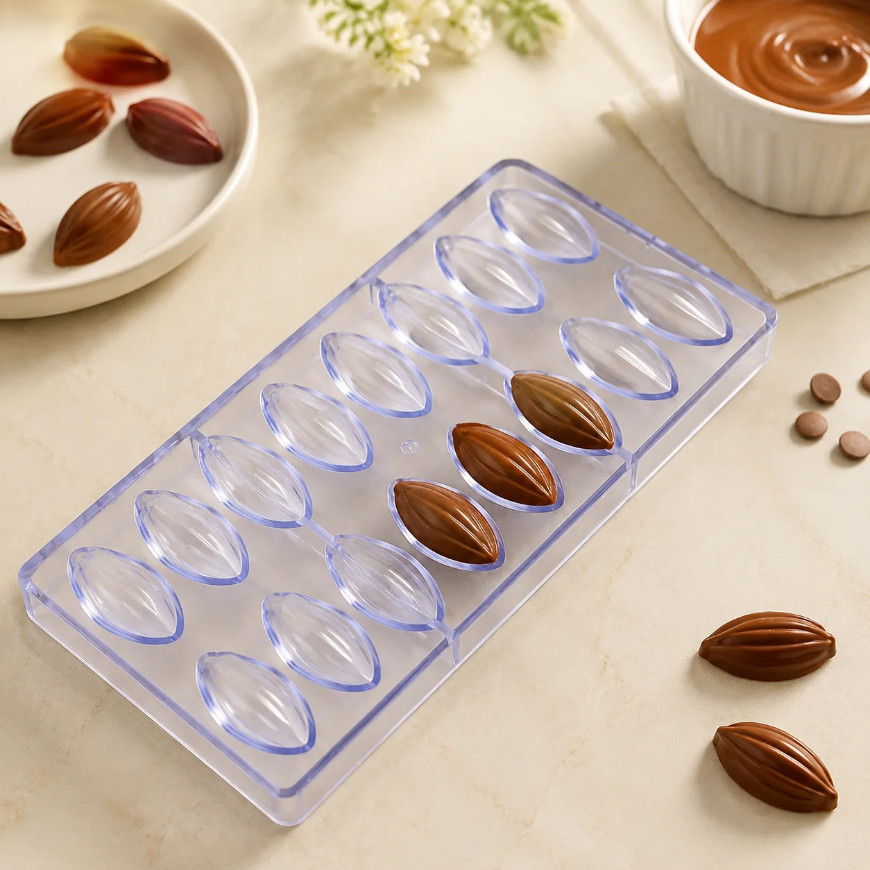 16 Cavity Polycarbonate Chocolate Candy Mold, Cocoa Bean Shape, DIY Confectionery Mould, Baking Pastry Tool for Home Bakers