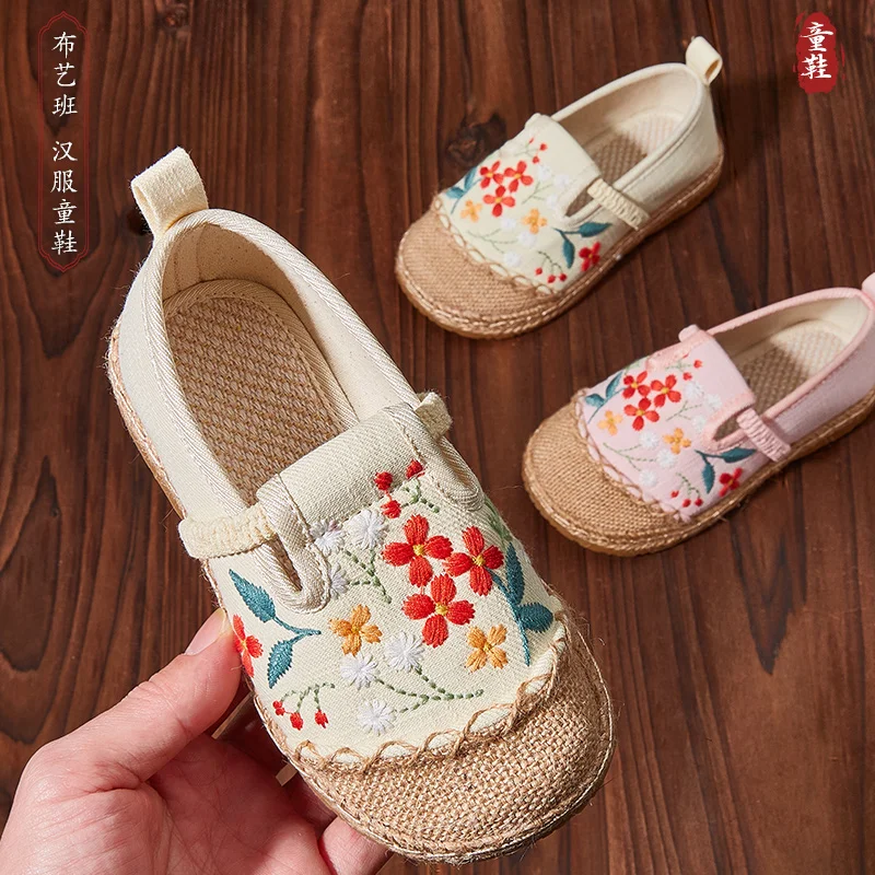 Zapatos Hanfu de tela para niños, zapatos de pescador de lino de viento nacional, estilo chino, vestido Tang bordado, primavera y otoño