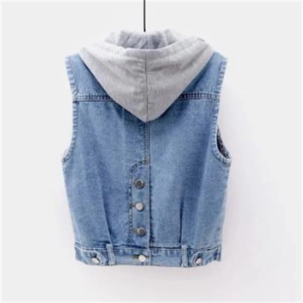Denim Vest Women Spring Autumn Coat Sleeveless Wild Tops Hooded Jacket Women Denim Jeans Waistcoat Outerwear Female Ripped 5XL