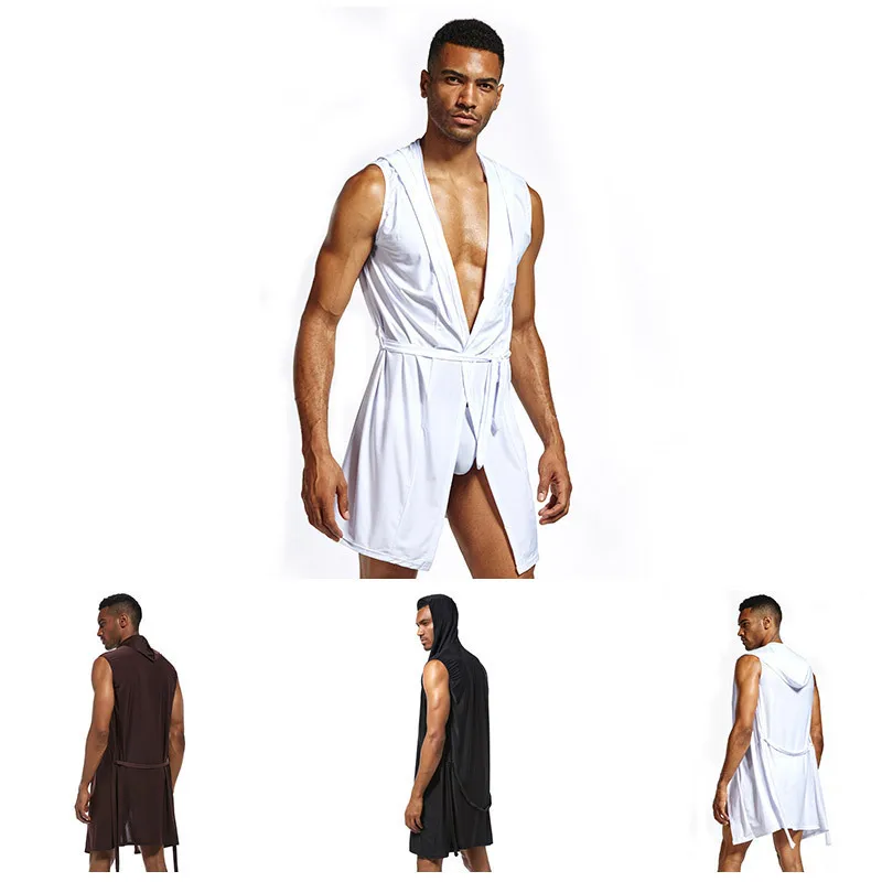 Men's Home Bathrobe Sleeveless Silk Smooth Male Hooded Bathrobe Pajama Comfortable Ultra-thin Bathrobe Lingerie Loose Underwear